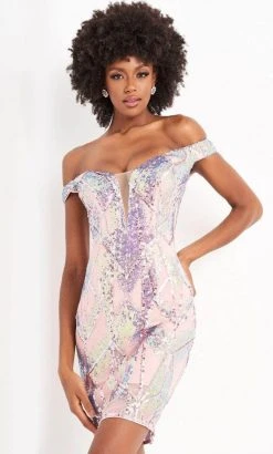Jovani - Off Shoulder Iridescent Sequin Dress 05101SC - 1 Pc Pink In Size 4 Available