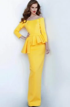 Formal Gowns Jovani - Pleated Peplum Evening Dress 2144SC - 1 Pc Yellow In Size 16 Available