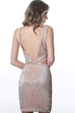 JVN By Jovani Jovani - Plunging V Neck Sequined Dress JVN66030SC - 1 Pc Champagne In Size 0 Available Cocktail Dresses
