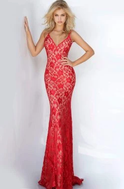 Formal Gowns Jovani - Rhinestone Studded Backless Lace Dress 00782SC