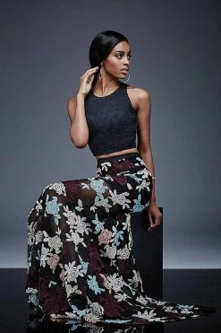 Jovani - Scoop Neck And Floral Print Two-Piece Evening Dress M405