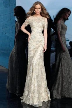 Formal Gowns Jovani - Short Sleeve Embroidered Formal Dress 63649SC - 1 Pc Gold In Size 16 Available