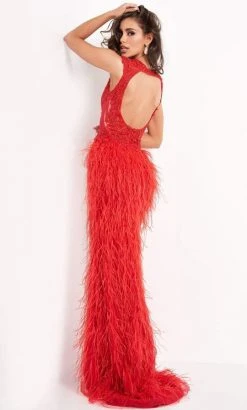 Jovani - Sleeveless V Neck High Slit Feather Skirt Prom Dress 06446SC
