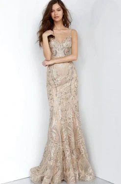 JVN By Jovani Formal Gowns Jovani - Spaghetti Strap Fitted Evening Dress JVN00916SC - 1 Pc Gold In Size 8 Available