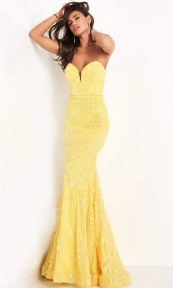 Formal Gowns Jovani - Strapless Plunging Sweetheart Neck Sequin Gown 03445SC - 1 Pc Yellow In Size 2 Available
