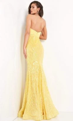 Formal Gowns Jovani - Strapless Plunging Sweetheart Neck Sequin Gown 03445SC - 1 Pc Yellow In Size 2 Available