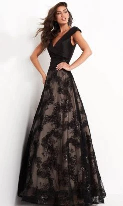 Jovani - V-Neck Floral Sequin Evening Gown 03330SC - 1 Pc Black In Size 12 Available