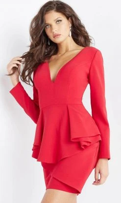 Jovani - V-Neck Peplum Cocktail Dress 07032SC - 1 Pc Red In Size 10 Available