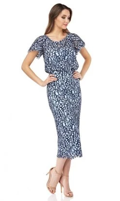 Plus Size Dresses JS Collections - 866800 Short Sleeves Blouson Lace Sheath Midi Dress