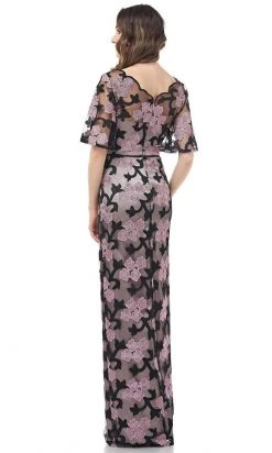JS Collections - 866941 Floral Embroidered Illusion Bateau Long Dress