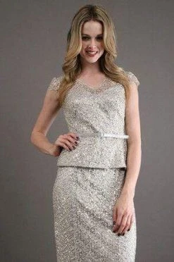 Kay Unger - Fully Sequin Embellished V Neck Top - 1 Pc Platinum In Size 4 Available