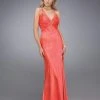 La Femme - 12139 Brooch Ornate Ruched V-Neck Evening Gown Formal Gowns