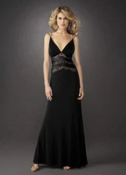 La Femme - 13057 Deep V-Neck Sheer Lace Midriff Evening Dress Formal Gowns