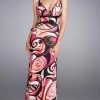 La Femme - 13262 Vibrantly Print V-Neck Sheath Gown With A Brooch Accent Formal Gowns 2 La Femme - 13262 Vibrantly Print V-Neck Sheath Gown With A Brooch Accent Formal Gowns
