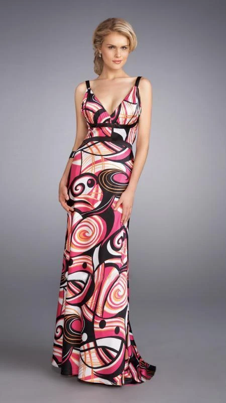La Femme - 13262 Vibrantly Print V-Neck Sheath Gown With A Brooch Accent Formal Gowns 3 La Femme - 13262 Vibrantly Print V-Neck Sheath Gown With A Brooch Accent Formal Gowns