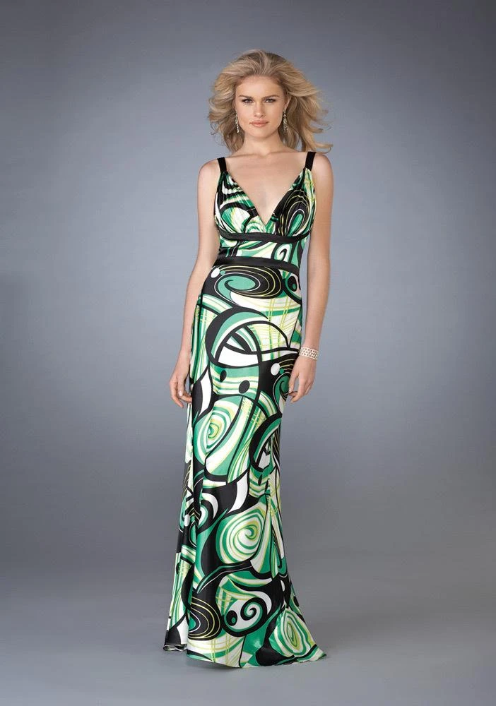 La Femme - 13262 Vibrantly Print V-Neck Sheath Gown With A Brooch Accent Formal Gowns 5 La Femme - 13262 Vibrantly Print V-Neck Sheath Gown With A Brooch Accent Formal Gowns