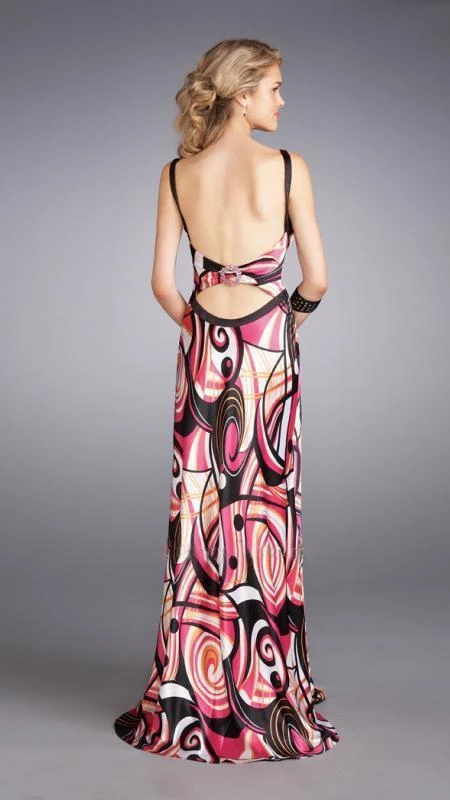 La Femme - 13262 Vibrantly Print V-Neck Sheath Gown With A Brooch Accent Formal Gowns 4 La Femme - 13262 Vibrantly Print V-Neck Sheath Gown With A Brooch Accent Formal Gowns
