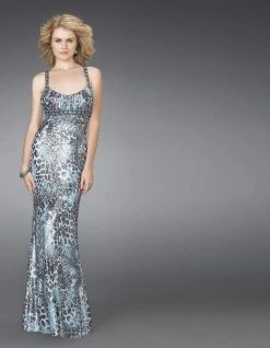 Formal Gowns La Femme - 14185 Scoop Neck Printed Column Evening Dress