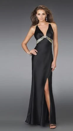 Formal Gowns La Femme - 14196 Silk Prom Dress With Printed Belt And Back Design