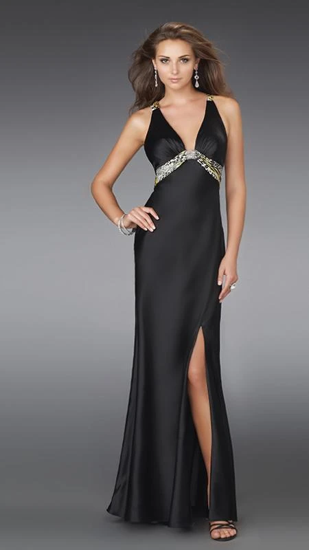 Formal Gowns La Femme - 14196 Silk Prom Dress With Printed Belt And Back Design 3 Formal Gowns La Femme - 14196 Silk Prom Dress With Printed Belt And Back Design