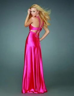 Formal Gowns La Femme - 14345 Beaded V-Neckline Crisscross Back Satin Gown