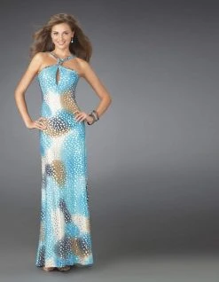 La Femme - 14401 Printed Halter Neck Column Evening Dress Formal Gowns