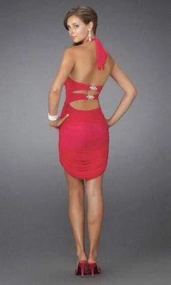 La Femme - 14490 Ruched Halter Mini With Beaded Brooches