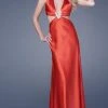Formal Gowns La Femme - 15037 Brooch-Embellished Plunging V-Neck Satin A-Line Gown