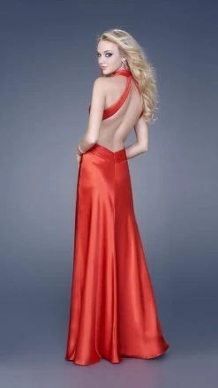 Formal Gowns La Femme - 15037 Brooch-Embellished Plunging V-Neck Satin A-Line Gown 5 Formal Gowns La Femme - 15037 Brooch-Embellished Plunging V-Neck Satin A-Line Gown