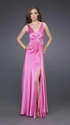Formal Gowns La Femme - 15599 Sleek Crystal Braided V-Neck Sheath Gown With Slit