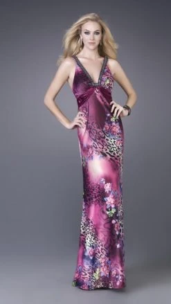 Formal Gowns La Femme - 15734 Feisty Floral And Animal Print V-Neck Sheath Gown