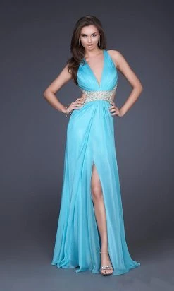 La Femme - 16100 Gold Strap Crisscross Back Halter Style Evening Gown