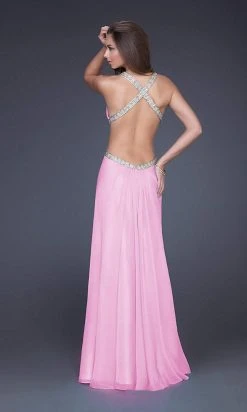 La Femme - 16100 Gold Strap Crisscross Back Halter Style Evening Gown