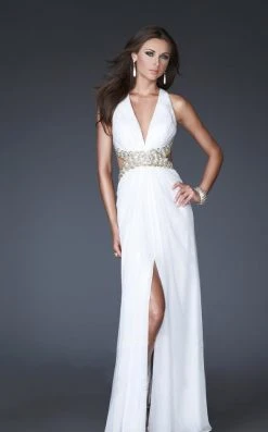 La Femme - 16100 Gold Strap Crisscross Back Halter Style Evening Gown