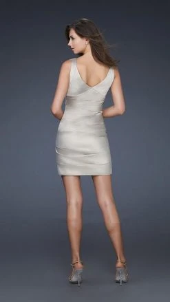 Cocktail Dresses La Femme - 17022 Sleeveless V-Neck Satin Sheath Dress