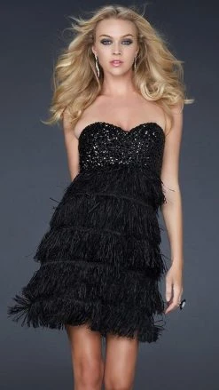 La Femme - 17078 Black Feathery Empire Waist Cocktail Dress Cocktail Dresses