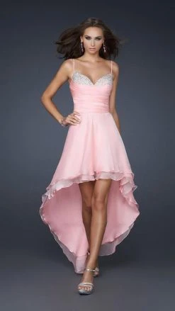 La Femme - 17141 Spaghetti Strap Sparkling Sweetheart Bust Hi-Low Style Dress Prom Dresses