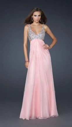 La Femme - 17472 Bead Embellished V-neck Chiffon A-line Dress Formal Gowns