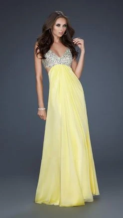 La Femme - 17472 Bead Embellished V-neck Chiffon A-line Dress Formal Gowns