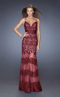 La Femme - 20131 Sweetheart Floral Lace Striped Evening Dress