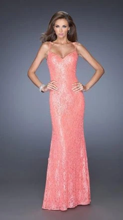 La Femme - 20431 Sequin And Lace Spaghetti Strap Evening Dress Formal Gowns