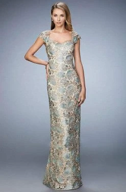 La Femme - 22984 Cap Sleeve Lace Brocade Evening Gown Formal Gowns