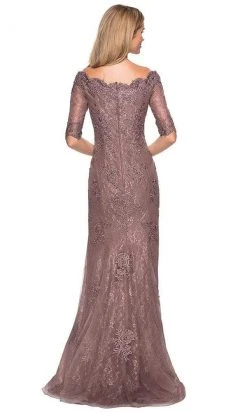 La Femme - 26943SC Bedazzled Scalloped V-neck Trumpet Dress - 1 Pc Cocoa In Size 6 Available Formal Gowns