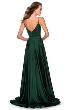 La Femme - 28607SC Spaghetti Strap Deep V Neck High Leg Slit Satin Gown Formal Gowns