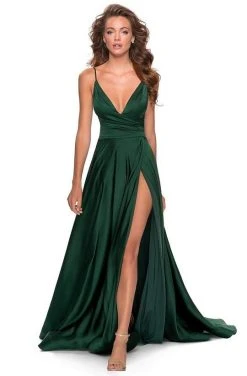 La Femme - 28607SC Spaghetti Strap Deep V Neck High Leg Slit Satin Gown Formal Gowns