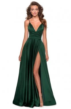 La Femme - 28607SC Spaghetti Strap Deep V Neck High Leg Slit Satin Gown Formal Gowns