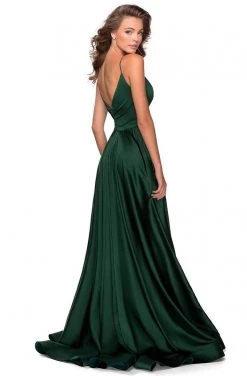 La Femme - 28607SC Spaghetti Strap Deep V Neck High Leg Slit Satin Gown Formal Gowns
