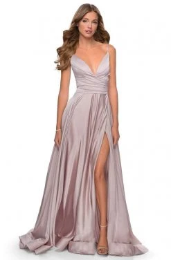 La Femme - 28607SC Spaghetti Strap Deep V Neck High Leg Slit Satin Gown Formal Gowns