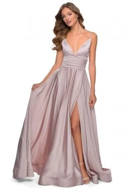 La Femme - 28607SC Spaghetti Strap Deep V Neck High Leg Slit Satin Gown Formal Gowns