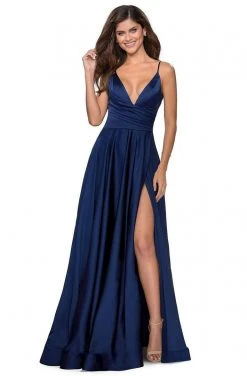 La Femme - 28607SC Spaghetti Strap Deep V Neck High Leg Slit Satin Gown Formal Gowns